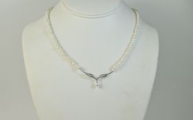 Ladies Single Strand Freshwater Pearl Necklace With 9ct White Gold Pendant Drop Set with round