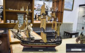 Model Spanish XIXth Century Sailing Ship, wooden, three masted vessel with rigging and sails,