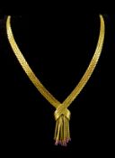 18ct Gold - Stylish Finely Weaved Drop Necklace With Tassel Drop and Ruby Ends. Marked 750. 66.