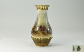 Royal Worcester Hand Painted Harry Stinton Signed Cattle Vase ' Highland Cattle ' Signed H. Stinton.