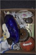 Box of Miscellaneous comprising Parian Ware, tube lined shallow bowl, metalware,