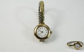 Art Deco - Ladies 9ct Gold Cased Wrist Watch with Attached Gold Plated Bracelet. White Porcelain