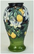 Moorcroft Tube lined Modern Vase ' Passion Fruit ' Design. Designer Rachel Bishop. Some restoration.