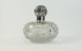 Victorian Silver Topped Cut Glass Globular Shaped Perfume Bottle, Complete with Stopper.