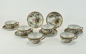 Japanese Fine Early 20th Century Satsuma Set of Six Cups and Saucers, Decorated with Images of