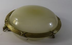 Mid 20thC Ceiling Light, Frosted Glass Shade, Brass Reeded Mount,