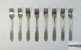 Swedish - Ornate Set of 8 Silver Tea Forks with Ornate Open Worked Handles.