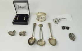 Mixed Lot Comprising Silver Spoons , Napkin Ring etc contains Dutch spoon, silver brooch,
