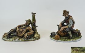 Capodimonte Signed Figures ( 2 ) In Total. 1/ Tramp Resting by a Tree. 7.25 Inches High. 2/ Old
