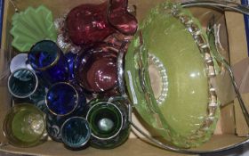 Mixed Box Of Coloured And Clear Glass, Odd Venetian Silver Overlaid, Drinking Glasses etc