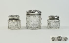 Edwardian Silver Embossed Topped Cut Crystal 3 Piece Ladies Vanity Set. Hallmark Birmingham 1903.
