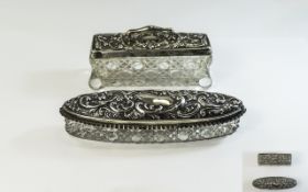 1930's Silver Topped Trinket Glass Jars. The Covers with Ornate Embossed Decoration.