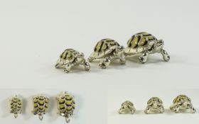 A Vintage Set of Silver and Enamel Miniature Tortoises - Family of 3. All Fully Hallmarked. Sizes 1.
