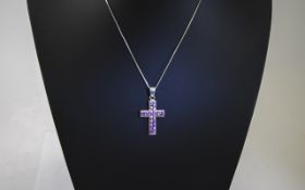 Silver Pendant Cross Set With Pink Faceted Stones,