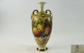 Royal Worcester Hand Painted Two Handle Vase ' Fallen Fruit ' Apples. Signed Ricketts. Date 1924.