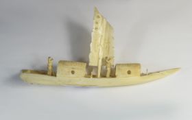 Oriental Carved Ivory Boat Early 20thC Length 7 Inches