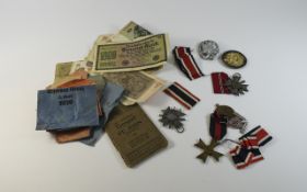 German Military Interest Mixed Lot Comprising Badges, Ribbons, Banknotes,
