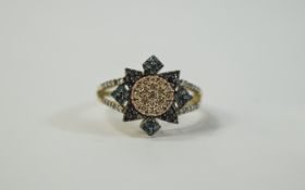 9ct Gold Blue & White Diamond Cluster Ring, Flower Head Setting, Fully Hallmarked,