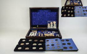 Mahogany Flatware Box containing a collection of low value coins, nickel plated and copper.