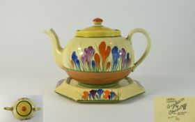 Clarice Cliff Hand Painted Teapot and Matching Stand ' Crocus ' Design. c.1929.