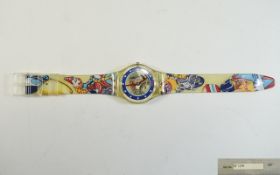 Vintage Swatch Watch - Mid 1990s Swatch Watch with see-through dial and strap depicting clowns and