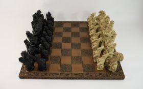 Large Contemporary Chess Set Heraldic Style Chess board in wood effect resin with decorative scroll
