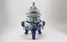 Oriental Blue & White Tripod Censer, Lion mask Ring h Handles. Height 12 Inches