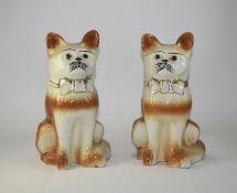 Staffordshire Pair of Large Bo'ness Tan Cats Figures with Glass Eyes. c.1890 - 1900. Made In Bo'ness