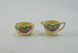 Clarice Cliff Hand Painted Milk Jug and Sugar Bowl ' Pink Pearls ' Design. c.1934. Height 2 Inches.