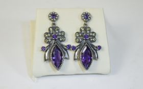 Pair Of Ladies Victorian Style Drop Earrings Set with pearls ameythst and diamonds,