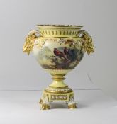Royal Worcester Hand Painted and Signed Rams Head Twin Handle Urn Shaped Vase ' Pheasants In a