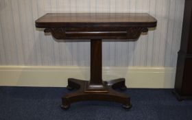 Edwardian Mahogany Fold Over Card Table, Raised On a Square Column Support with Concave Sided