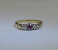 9ct Yellow Gold 3 Stone Ruby and Diamond Ring. Fully Hallmarked. Ring Size P.