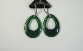 Green Agate Long Pear Drop Earrings, smoothly polished green agate, open centre, pear cut hoops