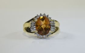 Ladies 9ct Gold Set Citrine and Diamond Cluster Ring. The Central Citrine Surrounded by Diamonds.