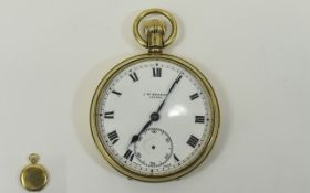 J W Benson 9ct Gold Cased Open Faced Pocket Watch, hallmark London 1936. White porcelain dial.