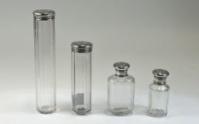 Victorian Vanity 4 Piece Set of Silver Topped Table Glass Jars. Hallmark London 1889.