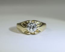 Gents Single Stone Diamond Ring; Round Brilliant Cut Diamond estimated diamond weight 1.