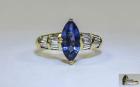 18ct Gold Sapphire And Diamond Ring Central Marquis Cut Sapphire Between Tapered Baguette Cut