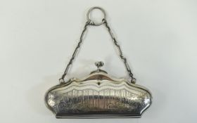 George V Ladies Silver Ornate and Shaped Purse with Attached Silver Chain.