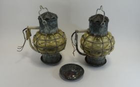 Two Vintage Glass Lantern Lights from Amusement Park Clear glass caged lantern lights with