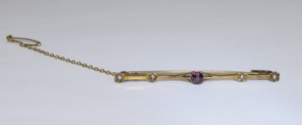 Ladies - Nice Quality 9ct Gold Amethyst and Seed Pearl Bar Brooch with Attached 9ct Gold Safety