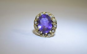 14ct Gold Set Nice Quality Amethyst and Diamond Cluster Ring.