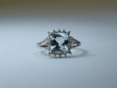 White Gold Diamond/Aquamarine Ring Cushion shaped pretty faceted Aquamarine stone in square raised