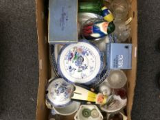 Box Of Miscellaneous Comprising china, glassware, flatware, glass cruet, money-boxes etc.