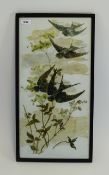 Aesthetic Style Painting on White Glass of birds and foliage; 22.25 inches high x 11.75; signed D