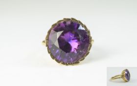 14ct Gold Set Single Stone Amethyst Ring. The Large Amethyst of Excellent Colour and Clarity.