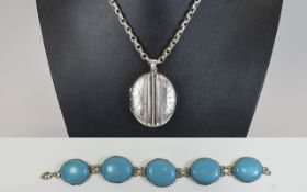Large Aesthetic Style Silver Locket with associated chain, plus faux turquoise bracelet,