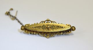 Victorian - Ornate and Shaped 15ct Gold Bar Brooch with Attached 15ct Gold Safety Chain.