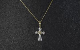 9 Carat White Gold Pendant Cross set with white faceted stones,
